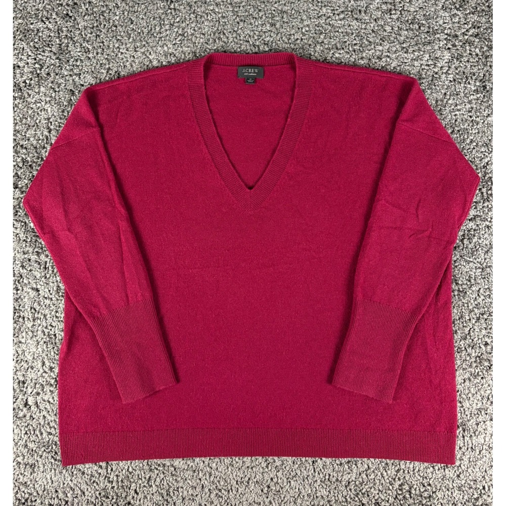 J.Crew Womens 100% Cashmere V-Neck Sweater Berry Red Relaxed Fit Size M